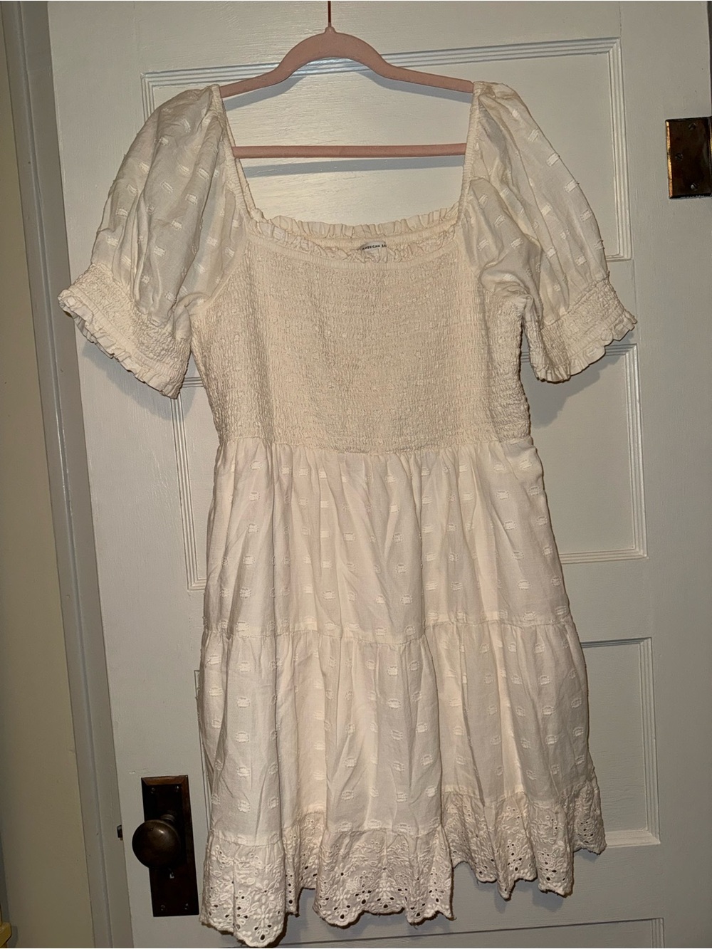 American Eagle Outfitters Cream Swiss Dot Puff Sleeve Mini Dress